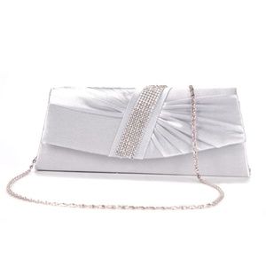ELEGANT SATIN WHITE RHINESTONES CLUTCH PURSE BAG